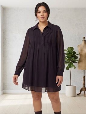 Nine West Black Sheer Pleated Long-Sleeve Button Mini Dress or Tunic NWOT